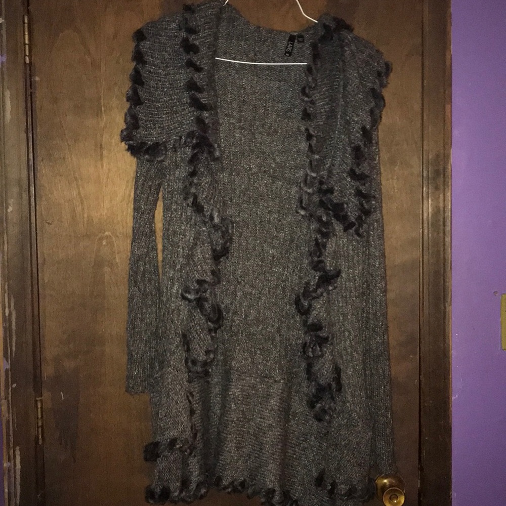 Gray Cardigan with feux fur trim